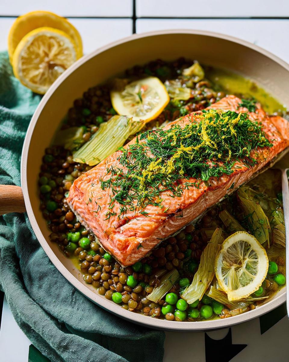 A beautiful 1-pan salmon dish with lentils, peas, fennel, and lemon slices, topped with fresh dill and lemon zest.