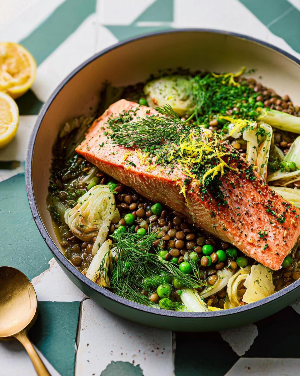A close-up of a perfectly cooked salmon fillet served over a bed of lentils, peas, and fennel, garnished with fresh dill and lemon zest.