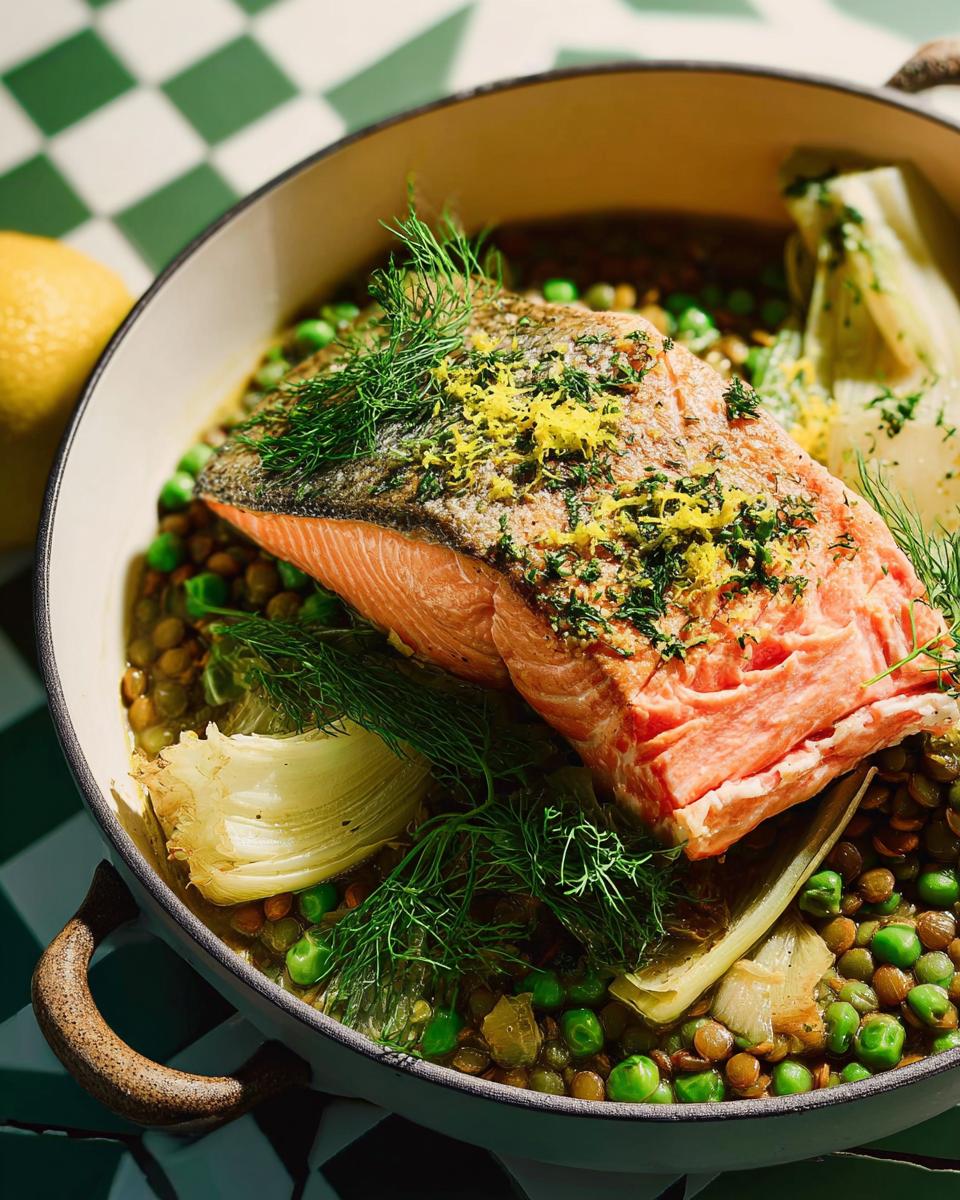 A close-up of a healthy 1-pan salmon dish with lentils, peas, and fennel, garnished with dill and lemon zest.