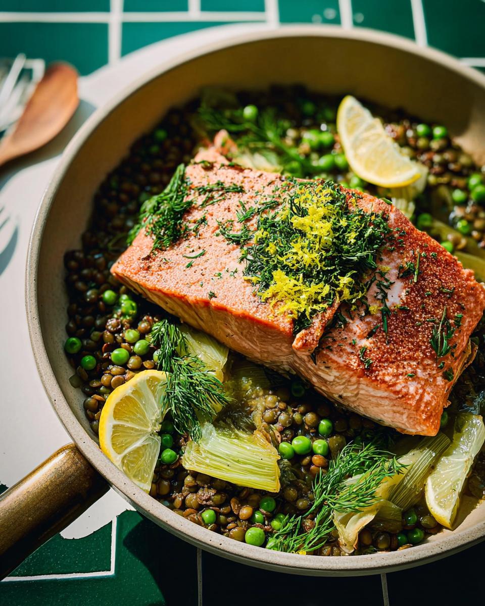 A beautiful 1-pan salmon dish with lentils, peas, fennel, lemon, and dill, perfect for healthy meals.