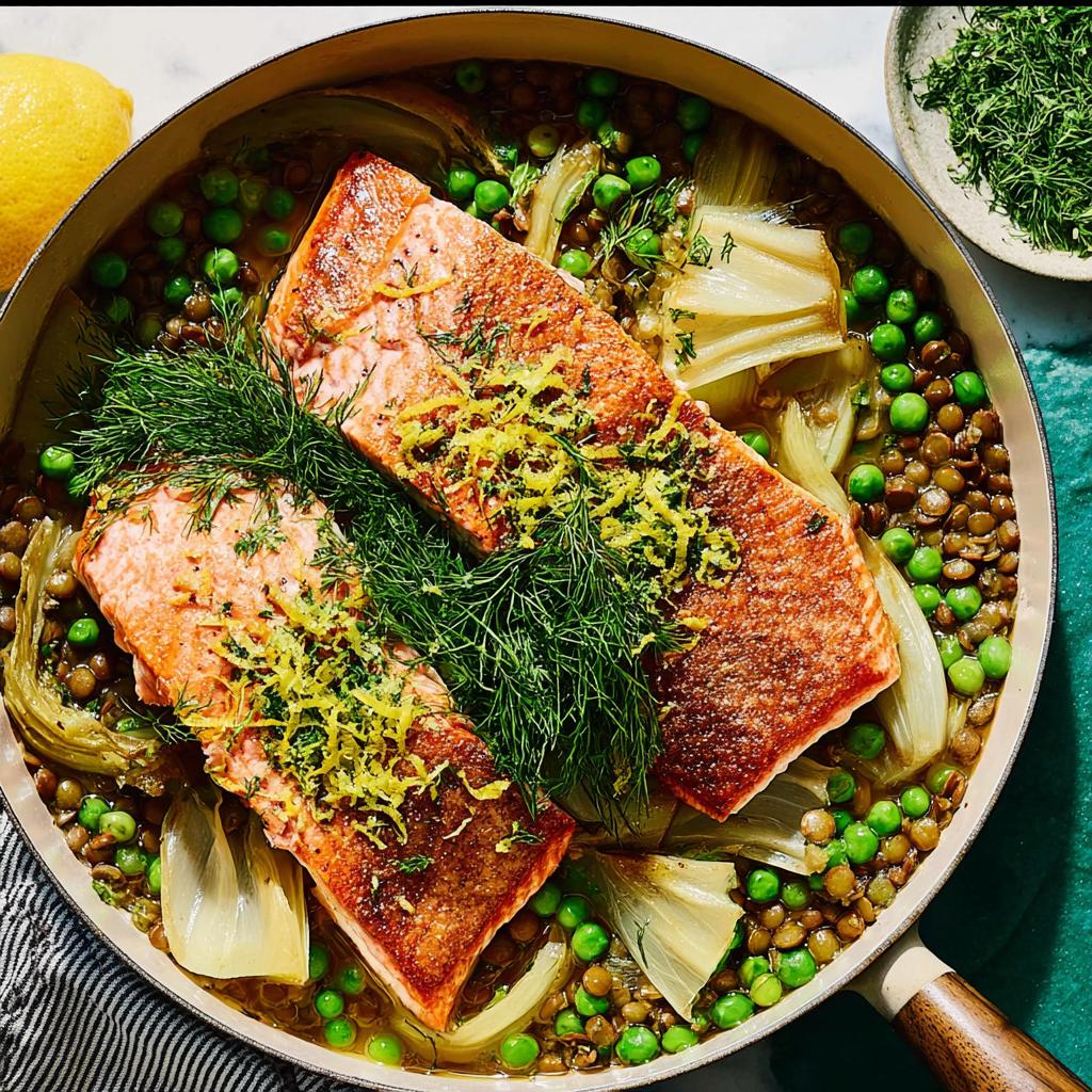 Two fillets of 1-pan salmon served over a bed of lentils, peas, and fennel, garnished with fresh dill and lemon zest.
