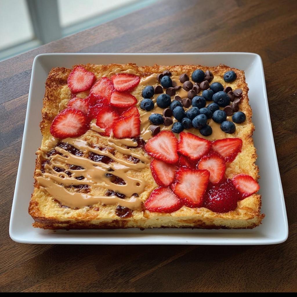 A delicious 10-ingredient breakfast idea: a French toast bake topped with strawberries, blueberries, chocolate chips, and peanut butter.