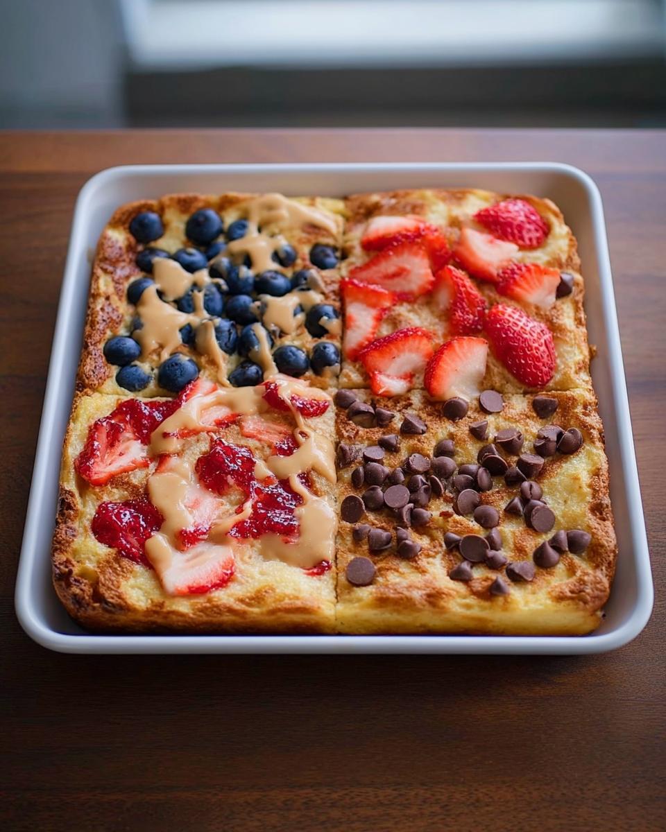 A baked pancake divided into four sections, topped with blueberries, strawberries, chocolate chips, and peanut butter, showcasing 10-Ingredient Breakfast Ideas.