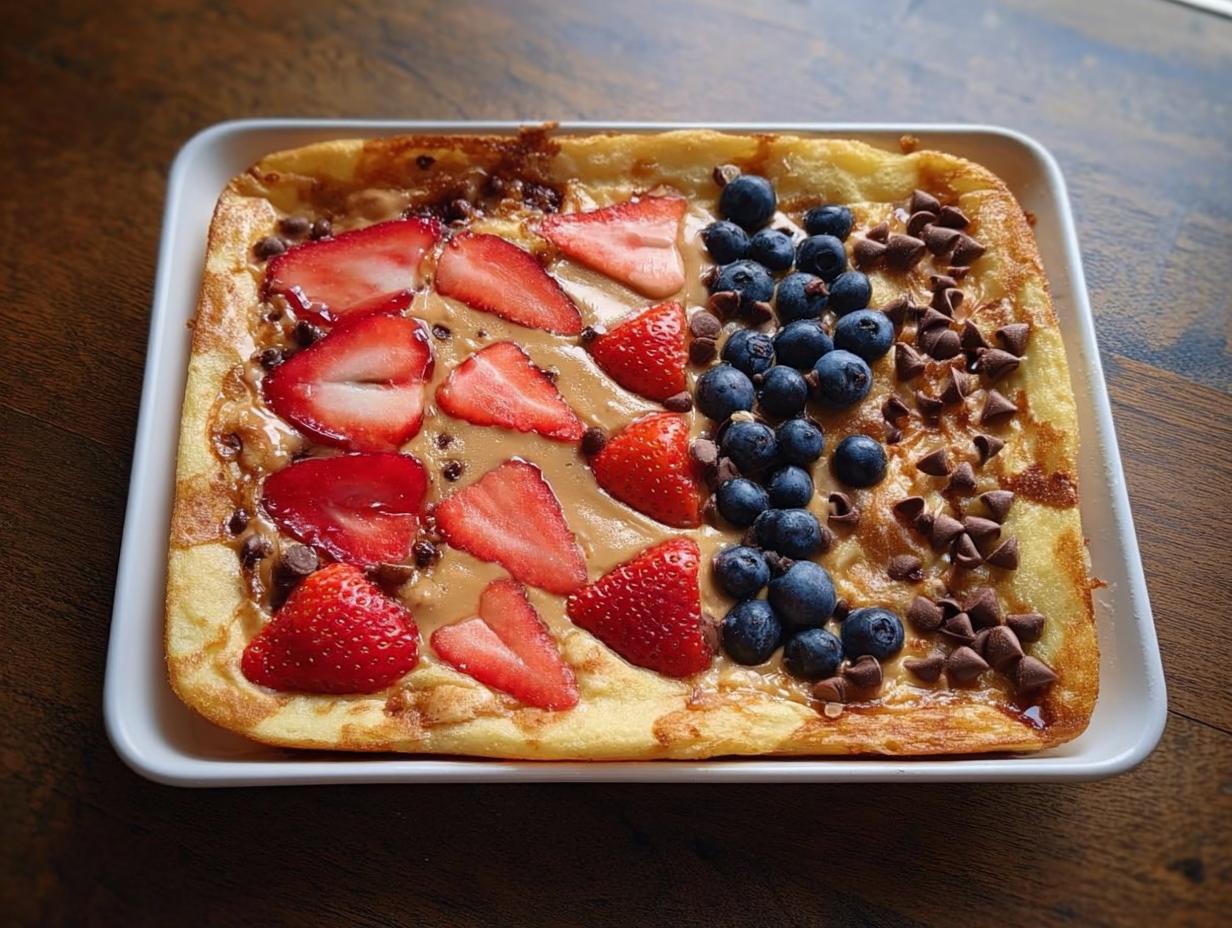 A rectangular sheet pan pancake topped with peanut butter, strawberries, blueberries, and chocolate chips, showcasing one of the 10-Ingredient Breakfast Ideas.