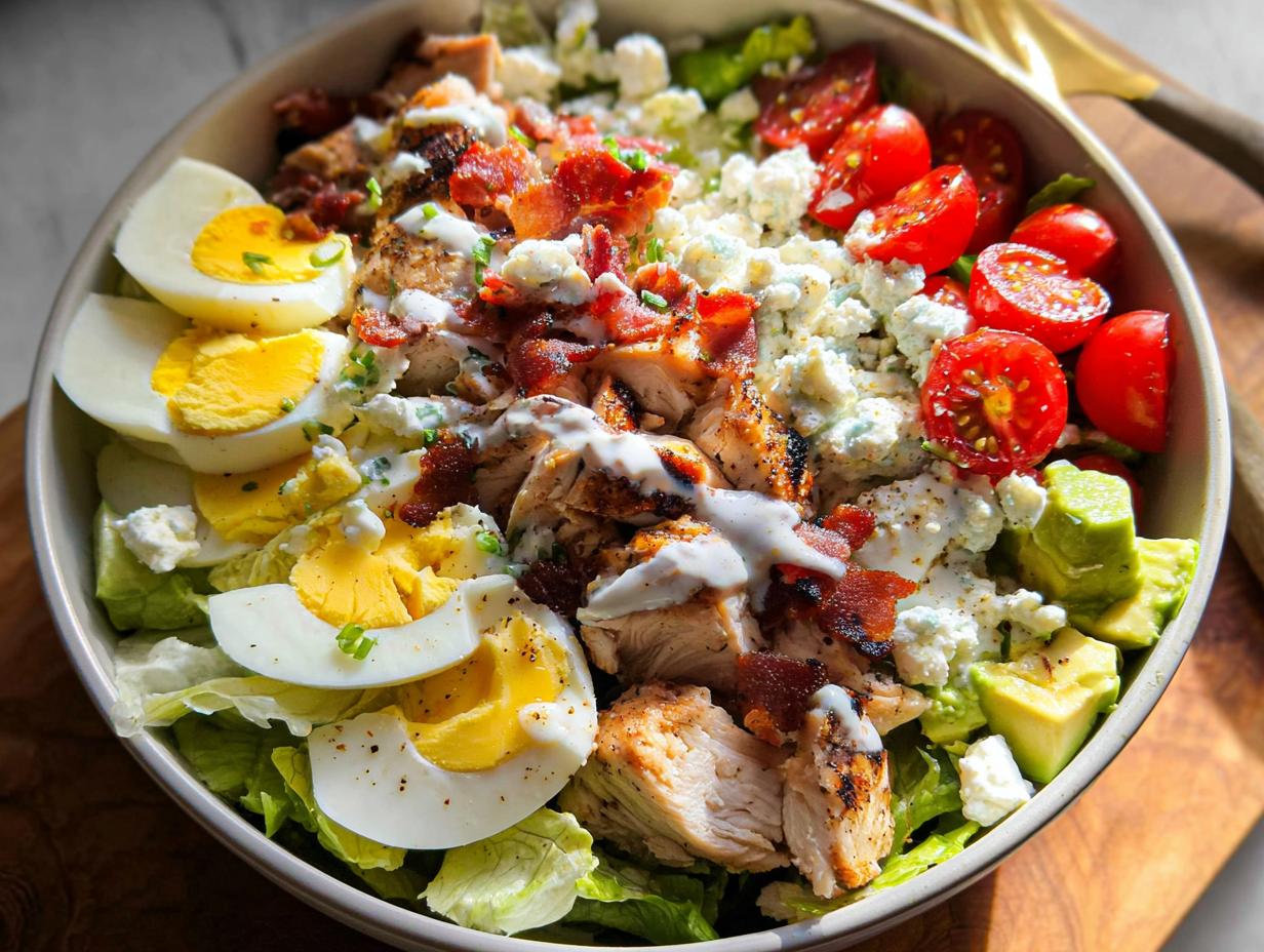 A hearty 10-ingredient chicken salad featuring grilled chicken, hard-boiled eggs, bacon, tomatoes, avocado, and blue cheese.