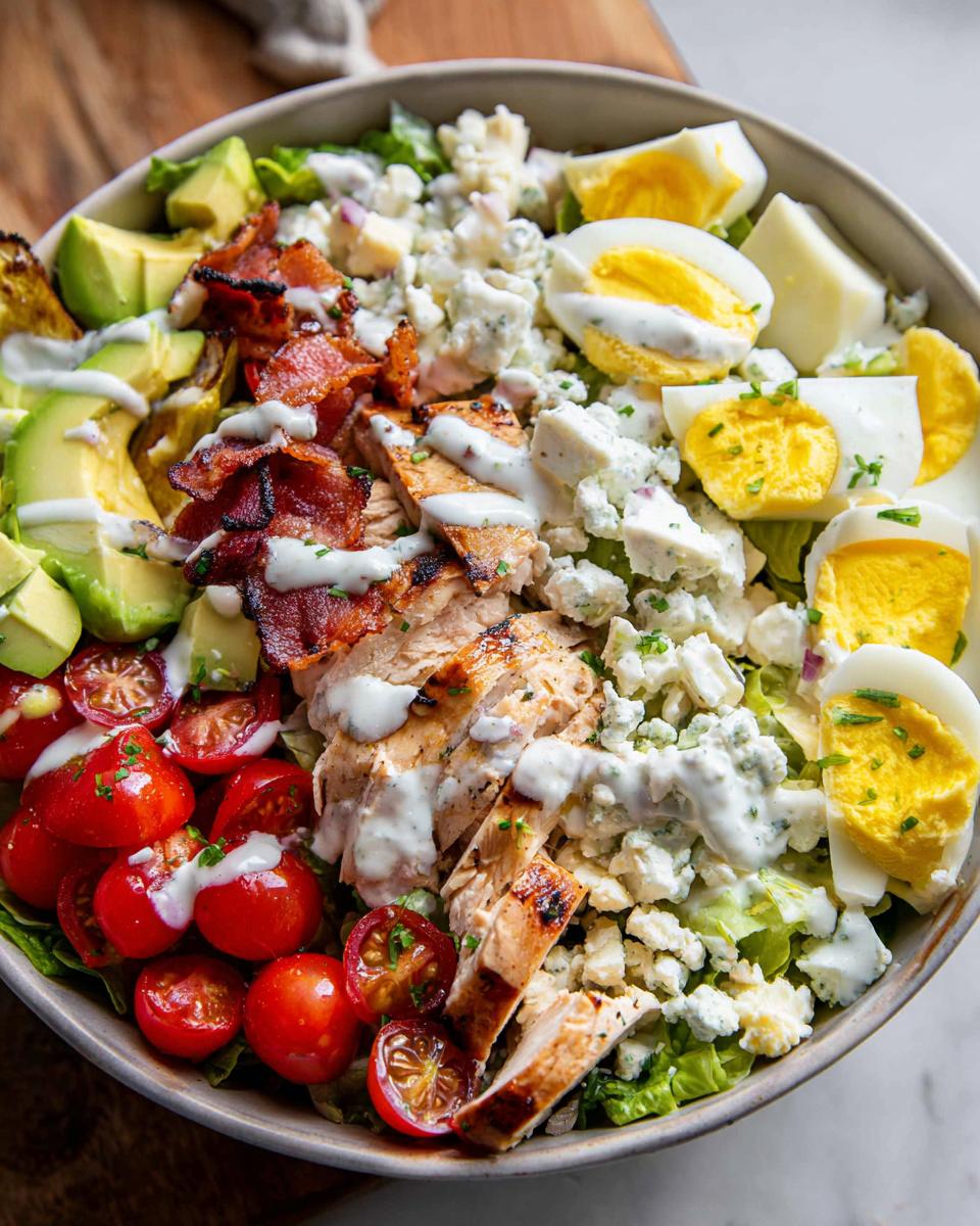 Close-up of a delicious chicken salad with grilled chicken, bacon, hard-boiled eggs, avocado, tomatoes, and blue cheese.