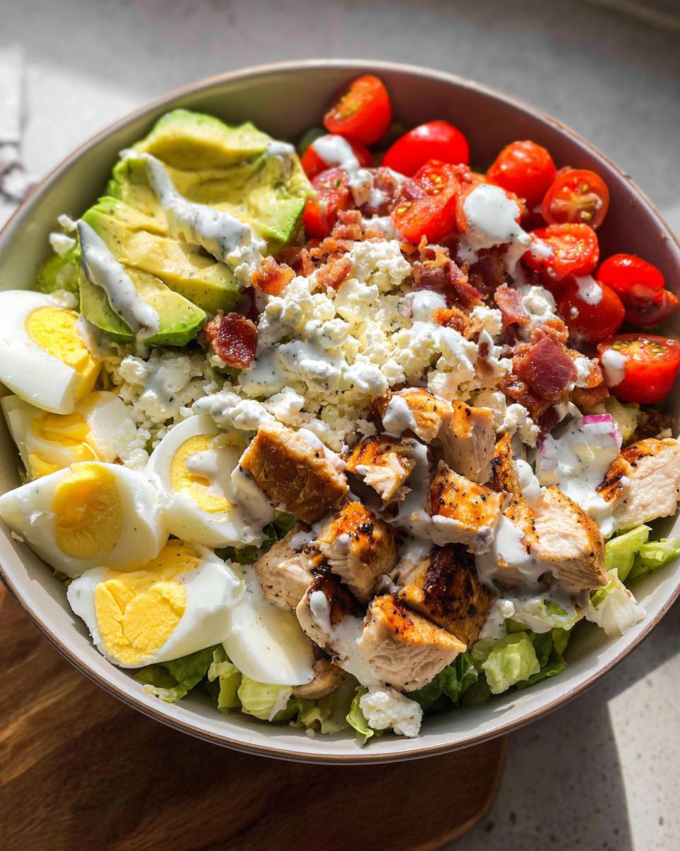 A vibrant 10-ingredient chicken salad bowl featuring grilled chicken, avocado, hard-boiled eggs, cherry tomatoes, and crumbled bacon.