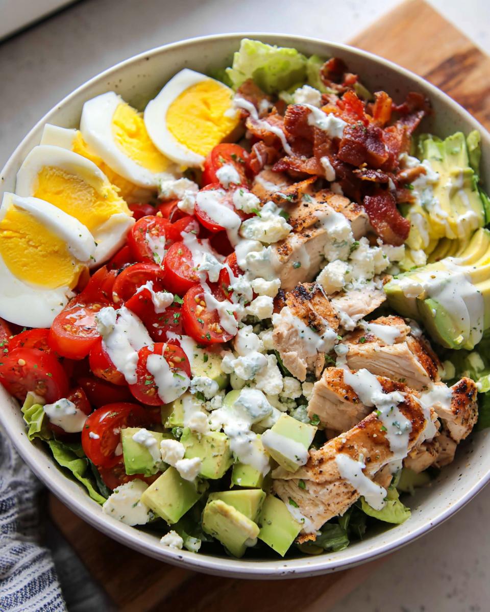 A vibrant bowl of 10-ingredient chicken salad featuring grilled chicken, avocado, tomatoes, hard-boiled eggs, and bacon.