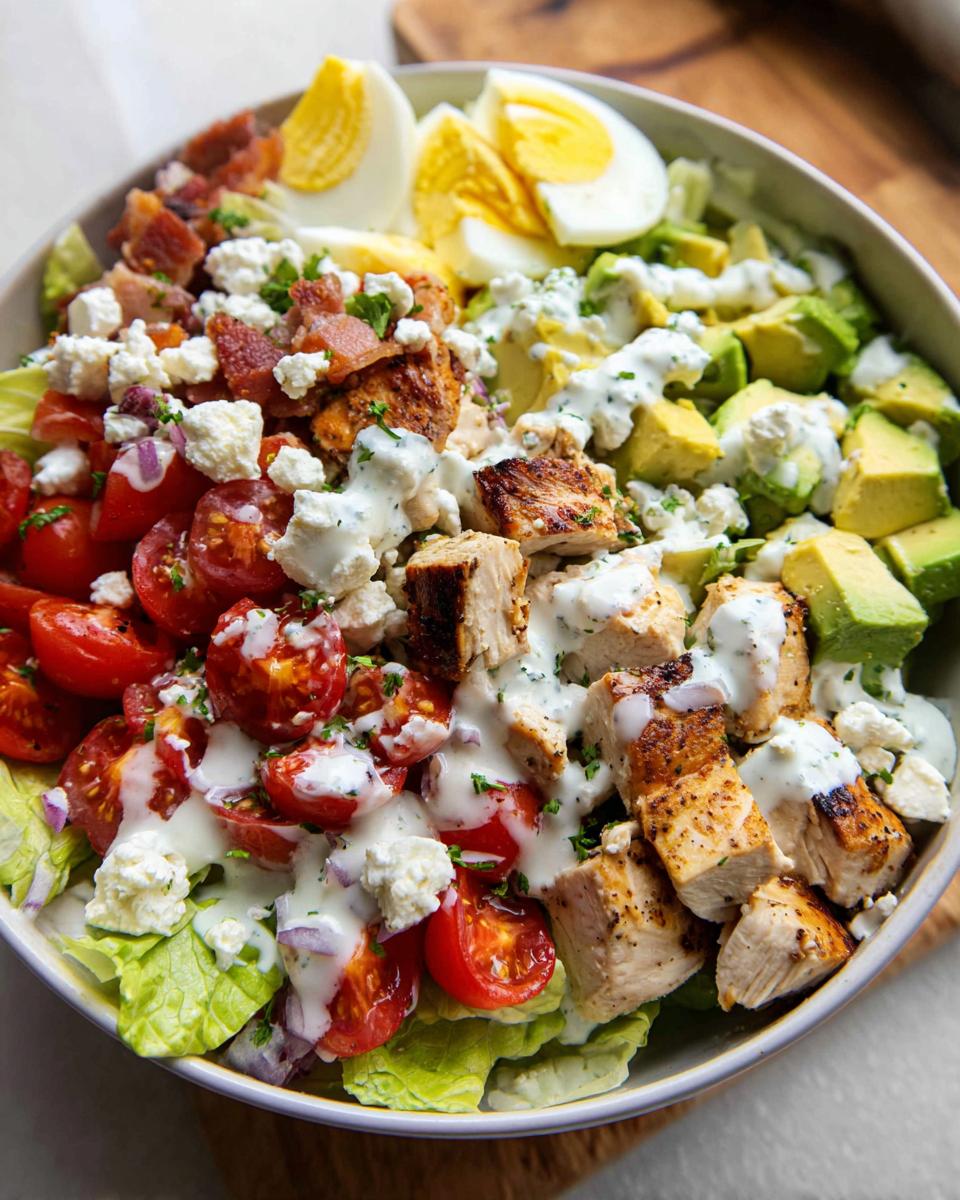A delicious chicken salad featuring grilled chicken, avocado, tomatoes, hard-boiled eggs, bacon, and feta cheese, drizzled with creamy dressing.