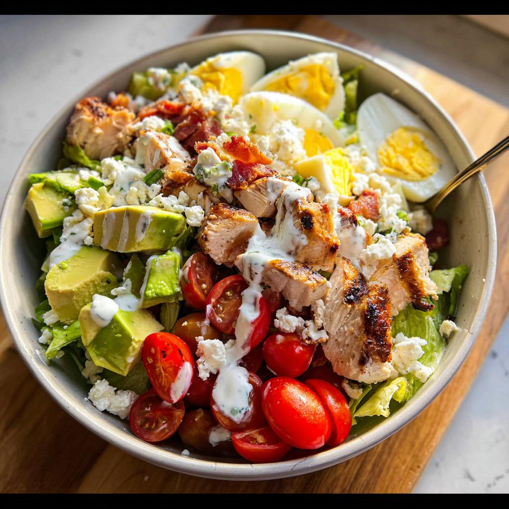 A hearty salad with grilled chicken, avocado, tomatoes, hard-boiled eggs, and crumbled feta cheese, part of 10-Ingredient Chicken Recipes.
