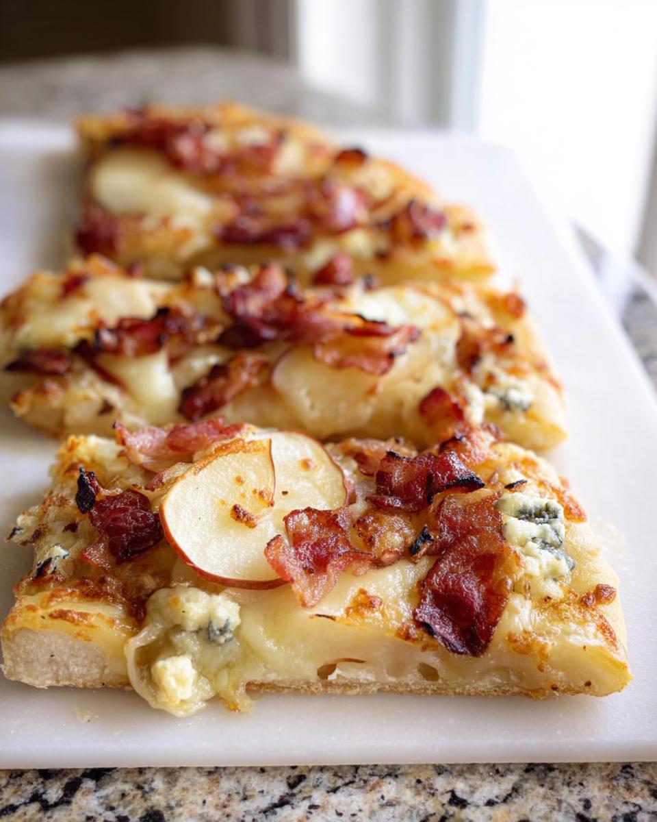 Close-up of a slice of 10-ingredient pizza with bacon, apple slices, and blue cheese.