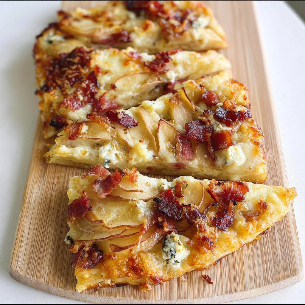 Slices of a delicious 10-ingredient pizza with pear, bacon, and cheese on a wooden board.