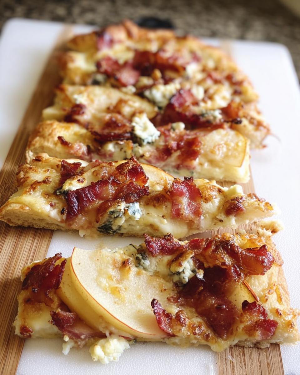 Close-up of sliced pizza with bacon, pear, and blue cheese, perfect for 10-Ingredient Pizza Night Recipes.