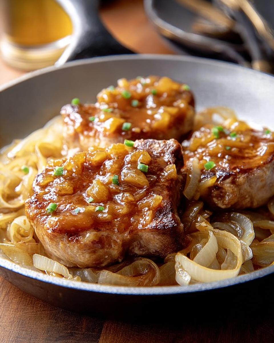 Three juicy 10-ingredient pork chops topped with a savory sauce and fresh chives, served over a bed of caramelized onions.