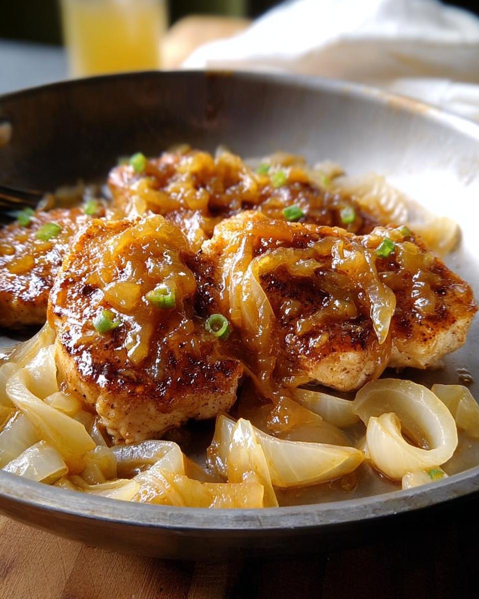 Close-up of 10-Ingredient Pork Chops Recipe topped with caramelized onions and garnished with green onions.