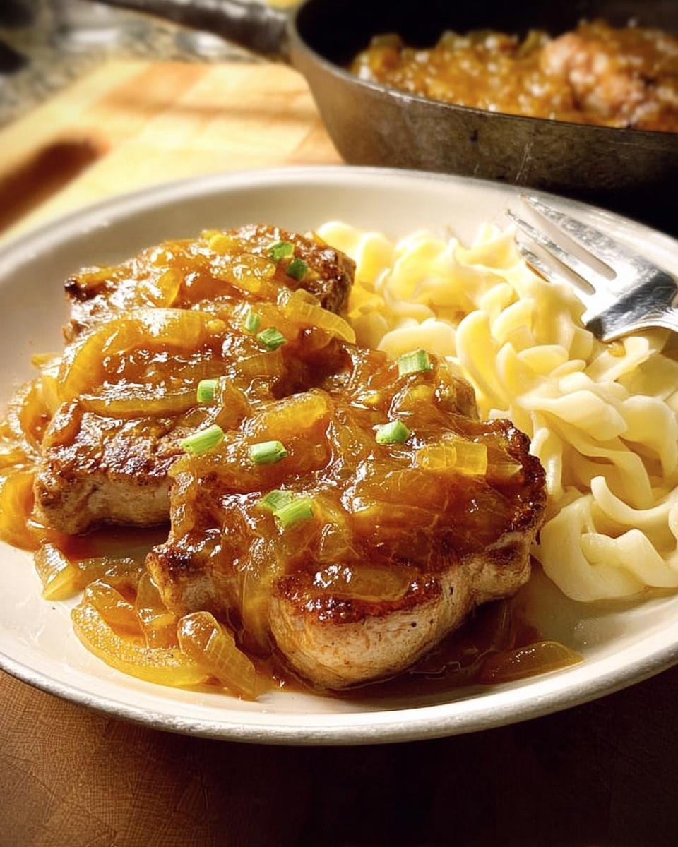Close-up of 10-Ingredient Pork Chops Recipes (No Fuss) served with egg noodles and topped with a rich onion sauce.