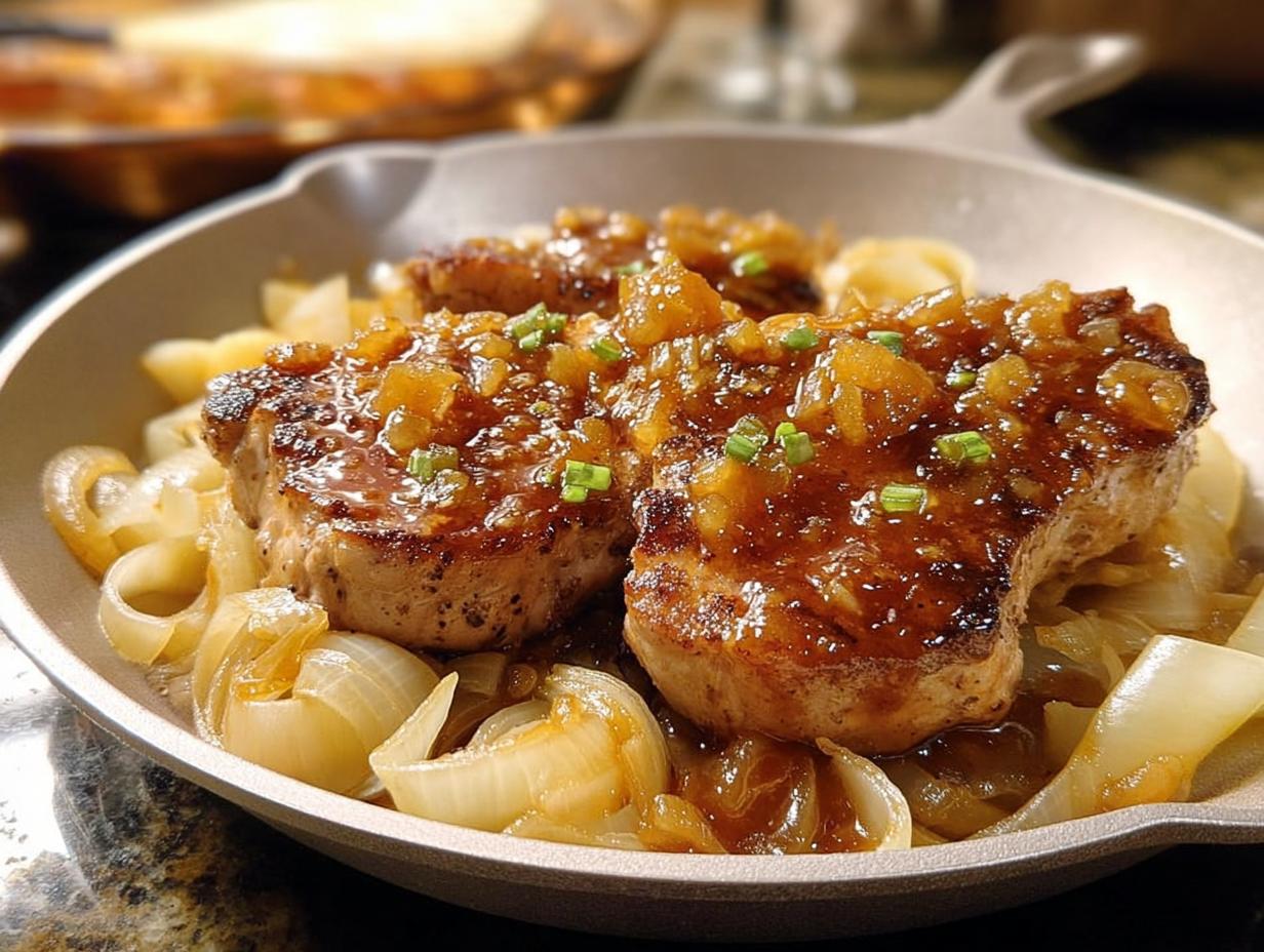 Close-up of 10-ingredient pork chops recipe, served over caramelized onions and topped with a glossy sauce and chives.