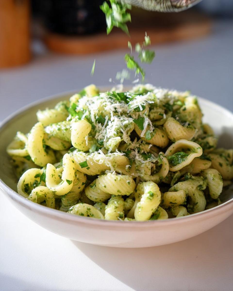 A bowl of pasta with pesto sauce, topped with grated cheese and fresh parsley, showcasing one of our 10-minute pasta recipes.