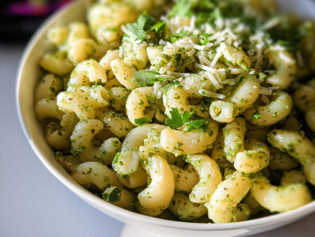 A close-up of a bowl filled with 10-minute pesto pasta, garnished with fresh parsley and shredded Parmesan cheese.