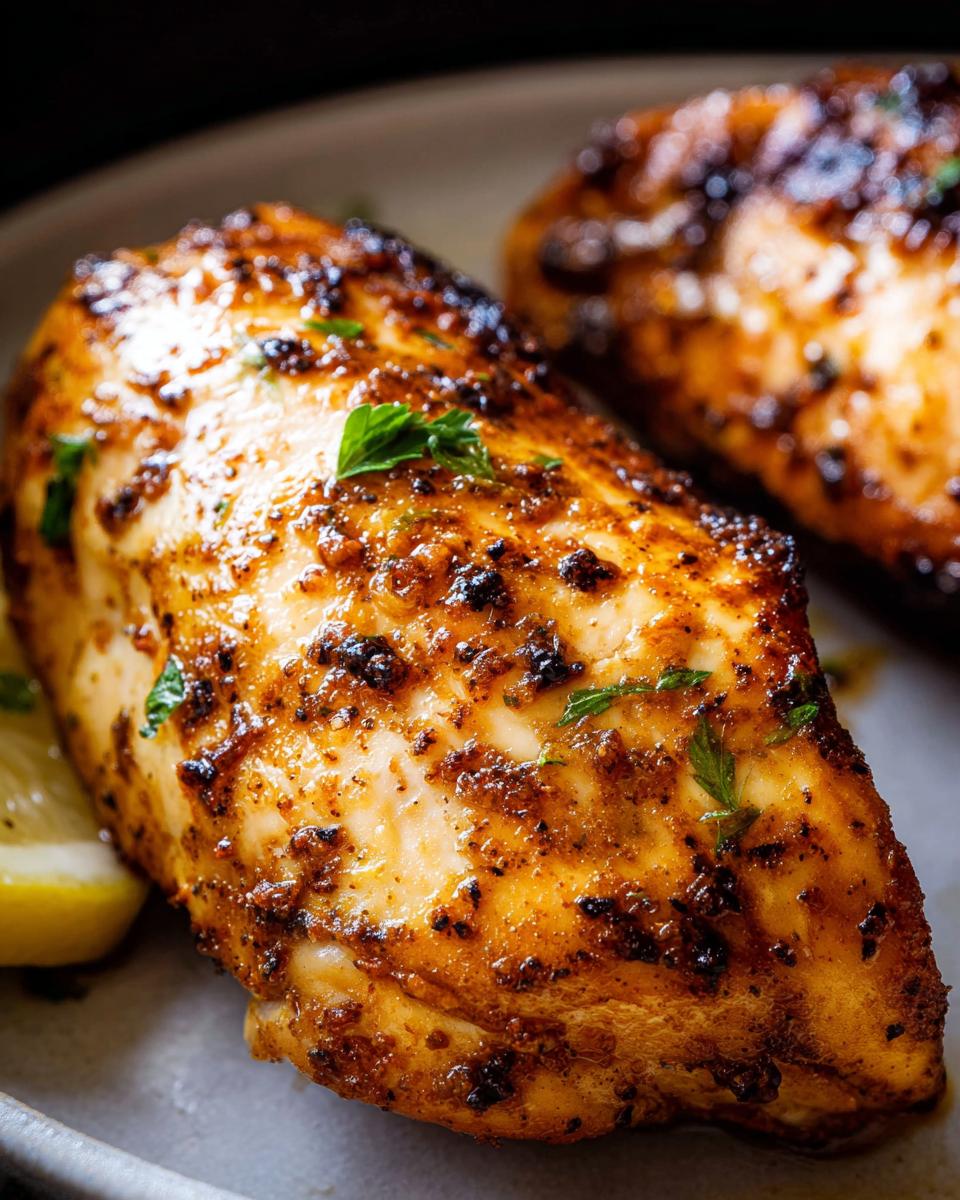 Close-up of a juicy 12-ingredient air fryer chicken breast with a flavorful spice rub and fresh parsley garnish.