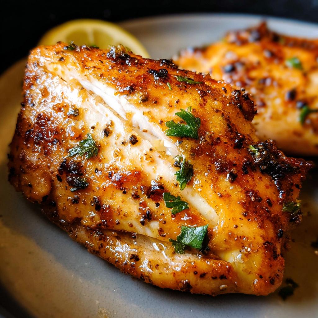Close-up of a perfectly cooked 12-ingredient air fryer chicken breast, seasoned and garnished with parsley and a lemon wedge.