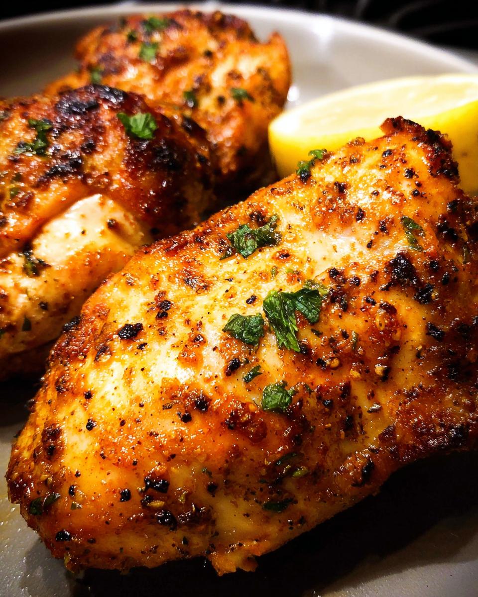 Close-up of juicy, seasoned 12-Ingredient Air Fryer Chicken breasts with a lemon wedge.
