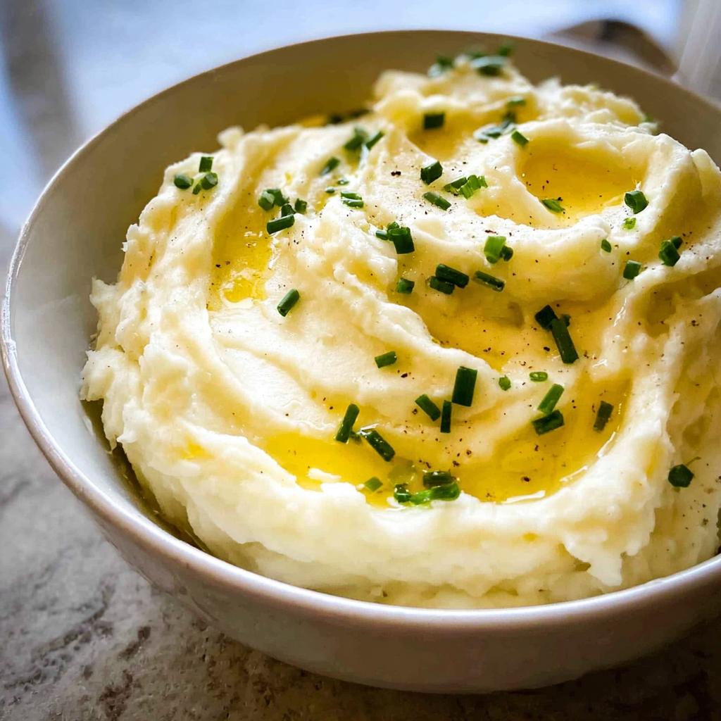 A close-up of fluffy 12-ingredient mashed potatoes in a bowl, topped with melted butter and fresh chives.