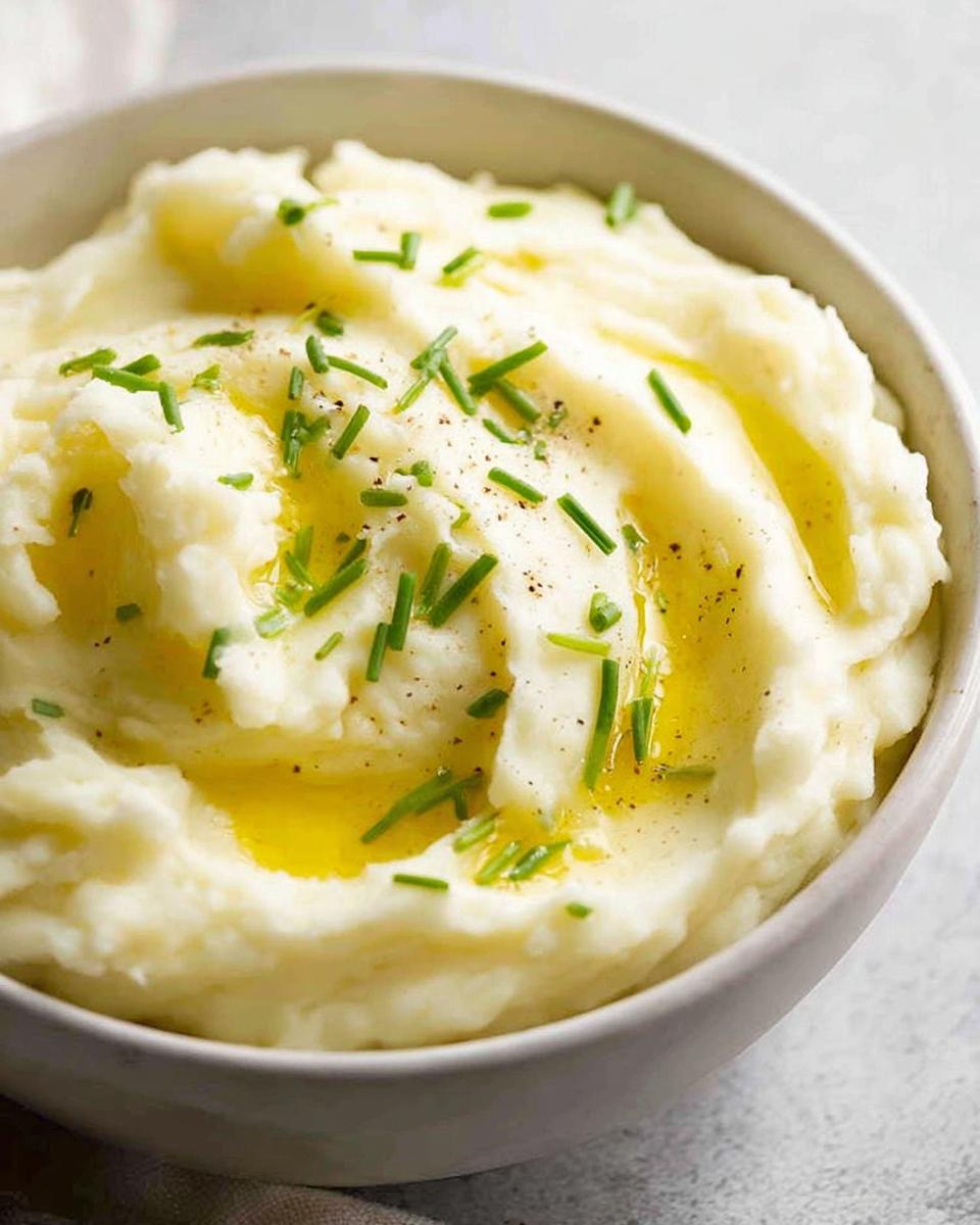 Close-up of creamy 12-Ingredient Mashed Potatoes topped with melted butter and fresh chives.
