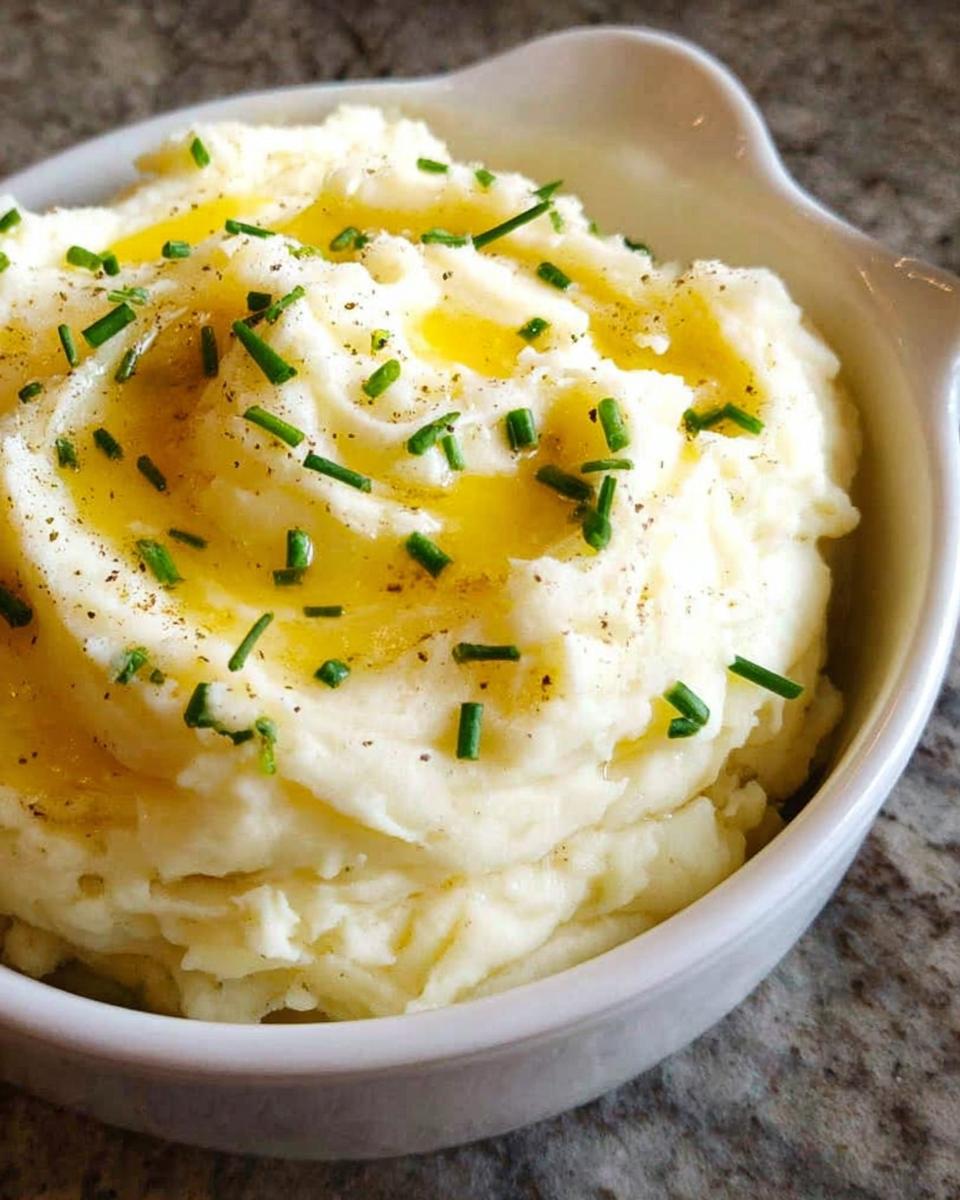 Close-up of creamy 12-Ingredient Mashed Potatoes topped with melted butter, chives, and black pepper.