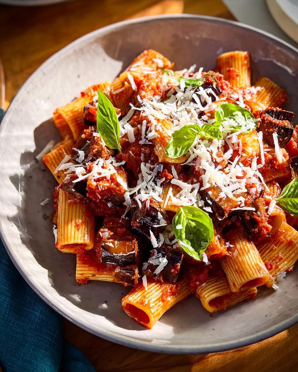 A bowl of rigatoni pasta with a rich tomato sauce, chunks of eggplant, fresh basil, and grated Parmesan cheese. Part of our 12-Ingredient Pasta Recipes.