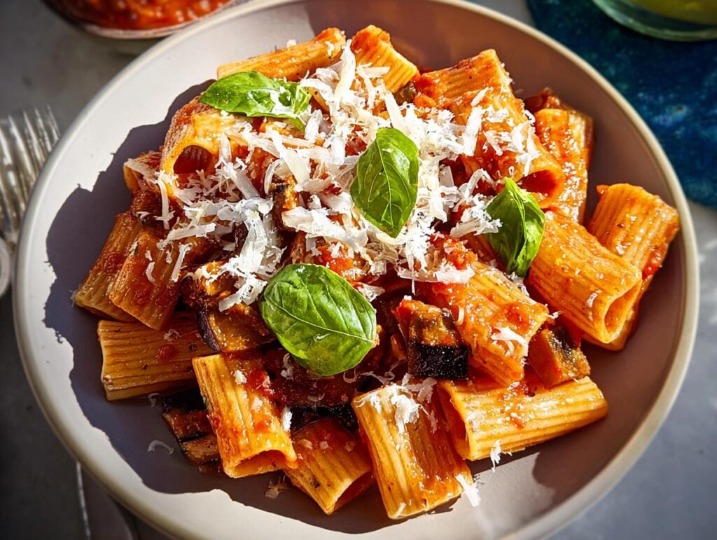 A close-up of rigatoni pasta with a rich tomato sauce, chunks of eggplant, fresh basil, and grated Parmesan cheese.