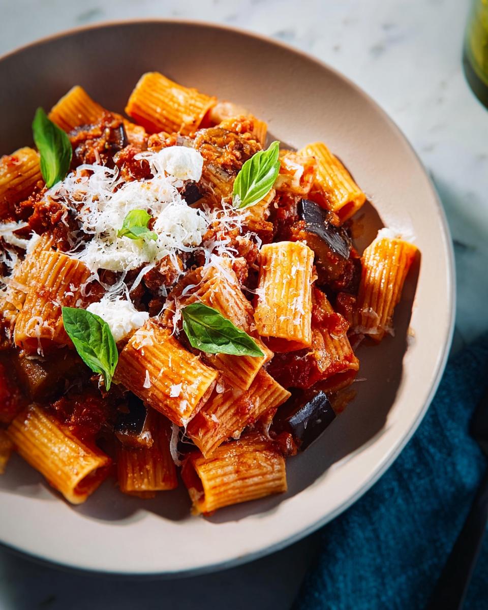 A bowl of rigatoni pasta with a rich tomato and eggplant sauce, topped with ricotta and basil, part of our 12-Ingredient Pasta Recipes.