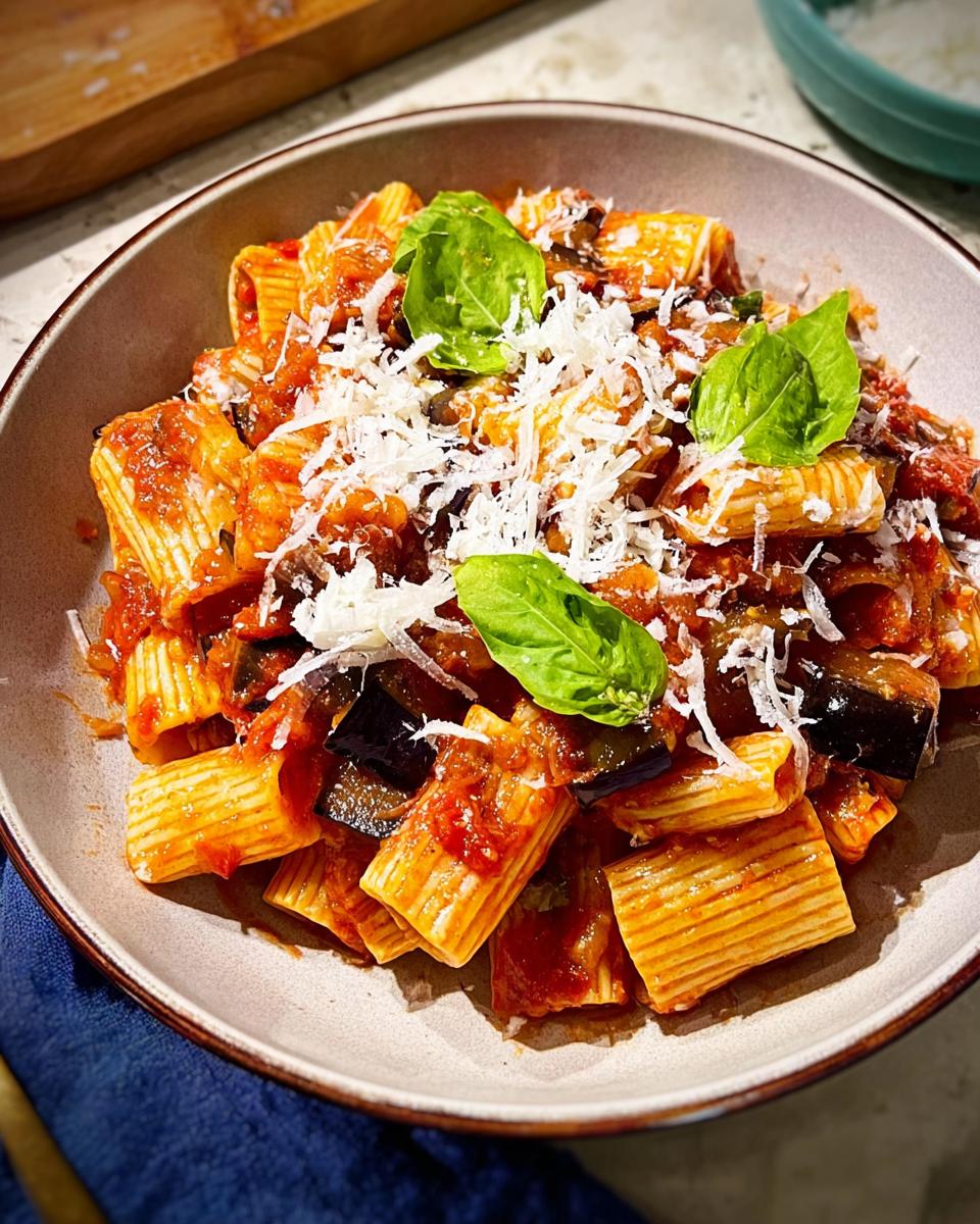 A close-up of a bowl of rigatoni pasta with a rich tomato sauce, chunks of eggplant, and topped with grated cheese and fresh basil. This is one of our 12-Ingredient Pasta Recipes.