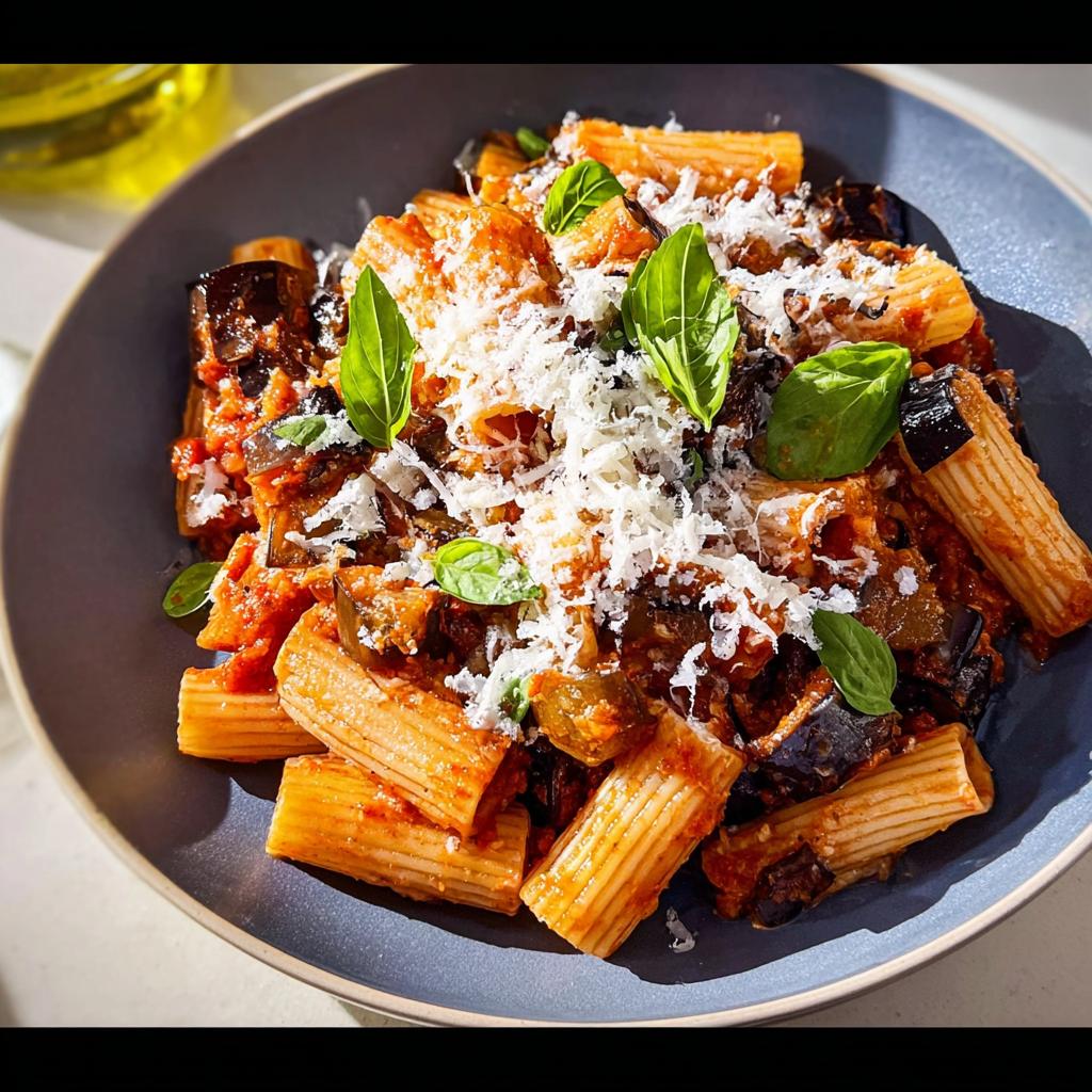 A close-up of a bowl of rigatoni pasta with a rich tomato sauce, chunks of eggplant, and fresh basil, topped with grated cheese. This is one of our 12-Ingredient Pasta Recipes.