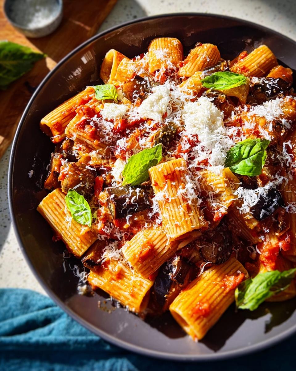 A close-up of 12-ingredient pasta with chunks of eggplant in a rich tomato sauce, topped with grated cheese and fresh basil.