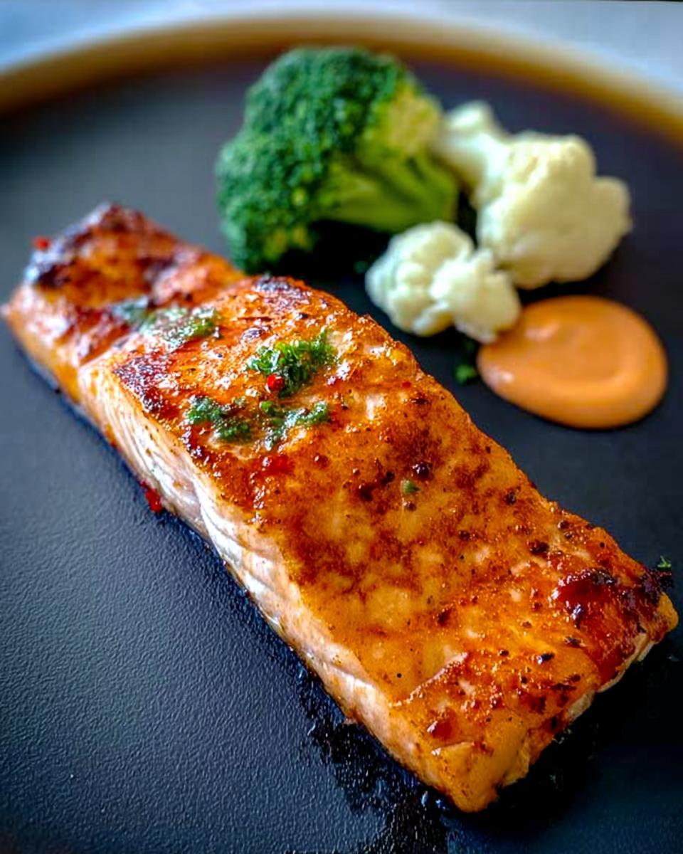 A perfectly cooked salmon fillet with a crispy crust, served with broccoli, cauliflower, and a dollop of sauce. This is one of our 12-Ingredient Salmon Recipes.