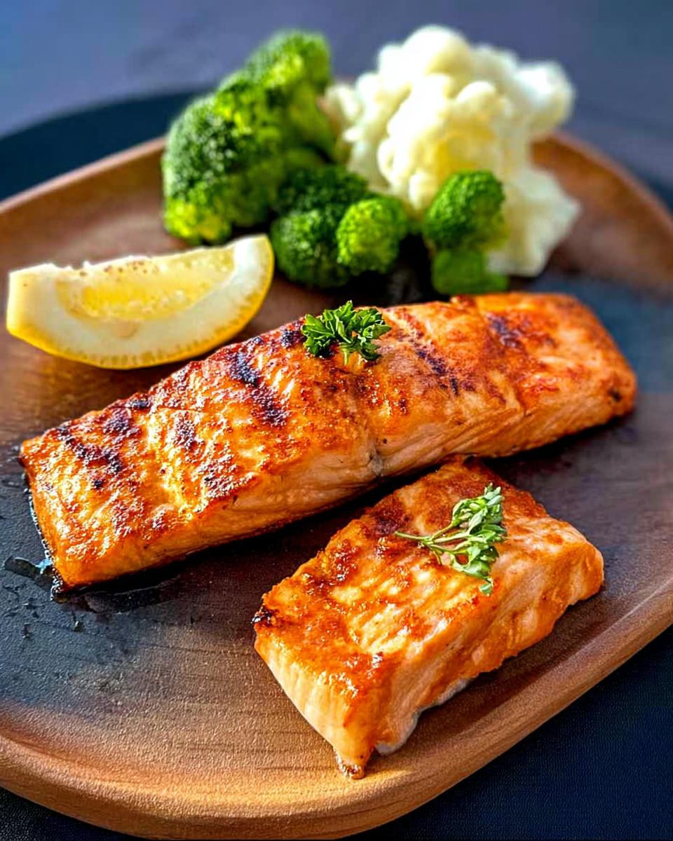 Two perfectly grilled salmon fillets served with steamed broccoli, cauliflower, and a lemon wedge.