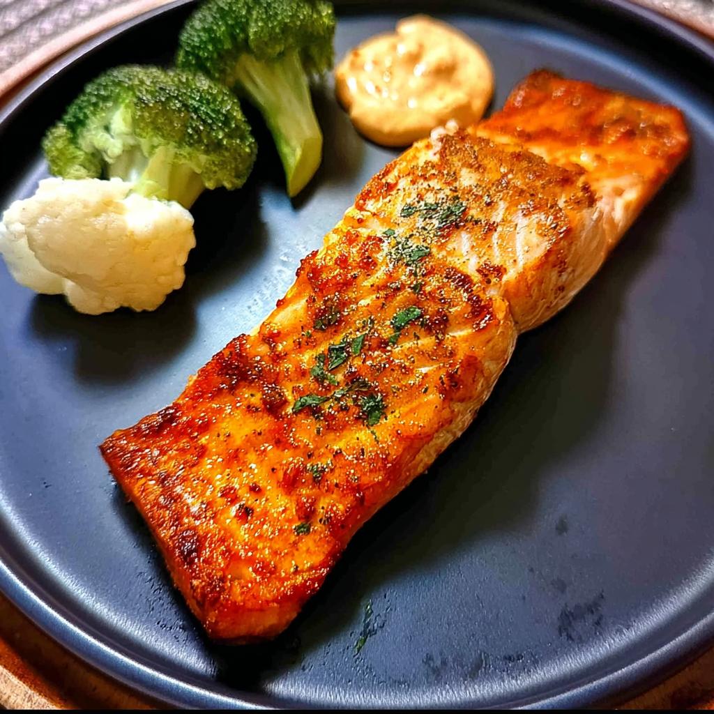 A perfectly cooked salmon fillet seasoned and garnished with herbs, served with broccoli and a dollop of sauce.