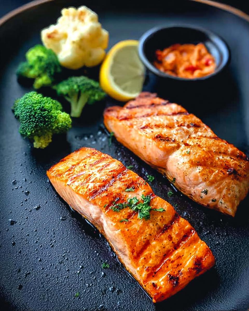 Two grilled salmon fillets served with broccoli, cauliflower, lemon, and a side of sauce, showcasing 12-Ingredient Salmon Recipes.