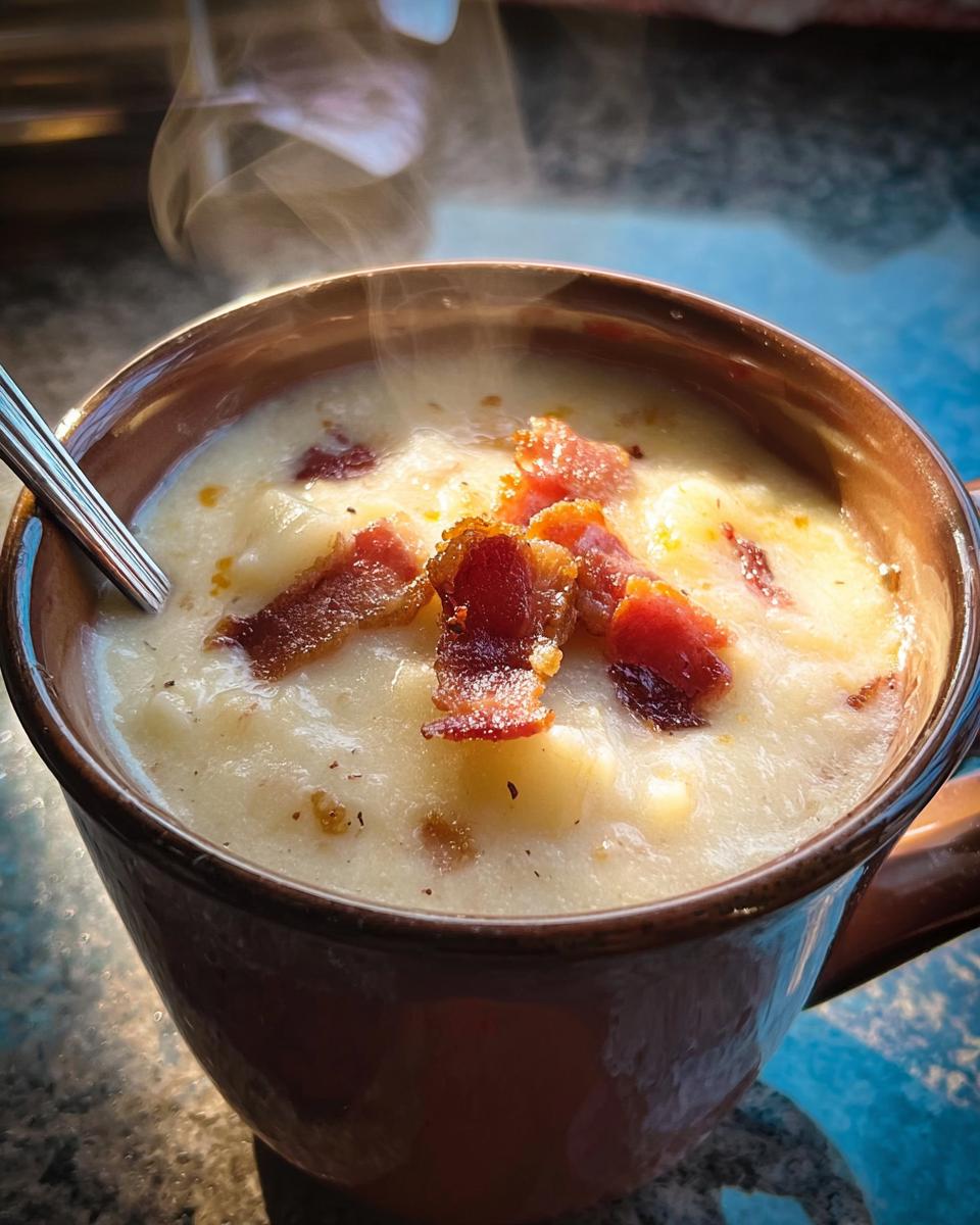 A steaming mug of creamy 12-ingredient soup recipe topped with crispy bacon.
