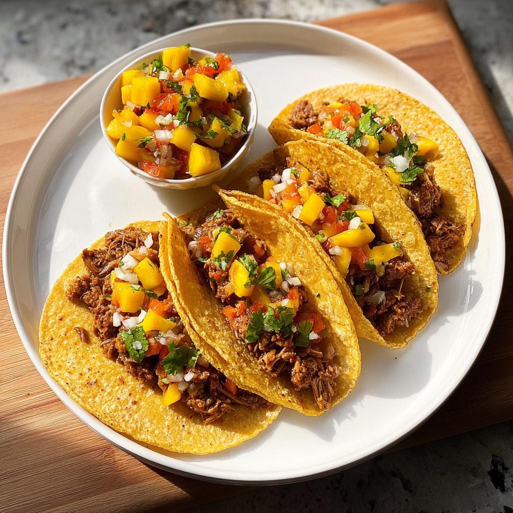 A plate of four tacos filled with shredded meat and topped with fresh mango salsa, perfect for 12-Ingredient Taco Tuesday.