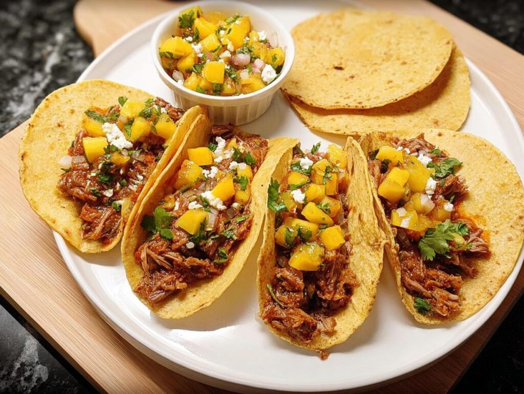 Four mouthwatering tacos filled with shredded meat, topped with mango salsa and crumbled cheese, part of our 12-Ingredient Taco Tuesday Recipes.
