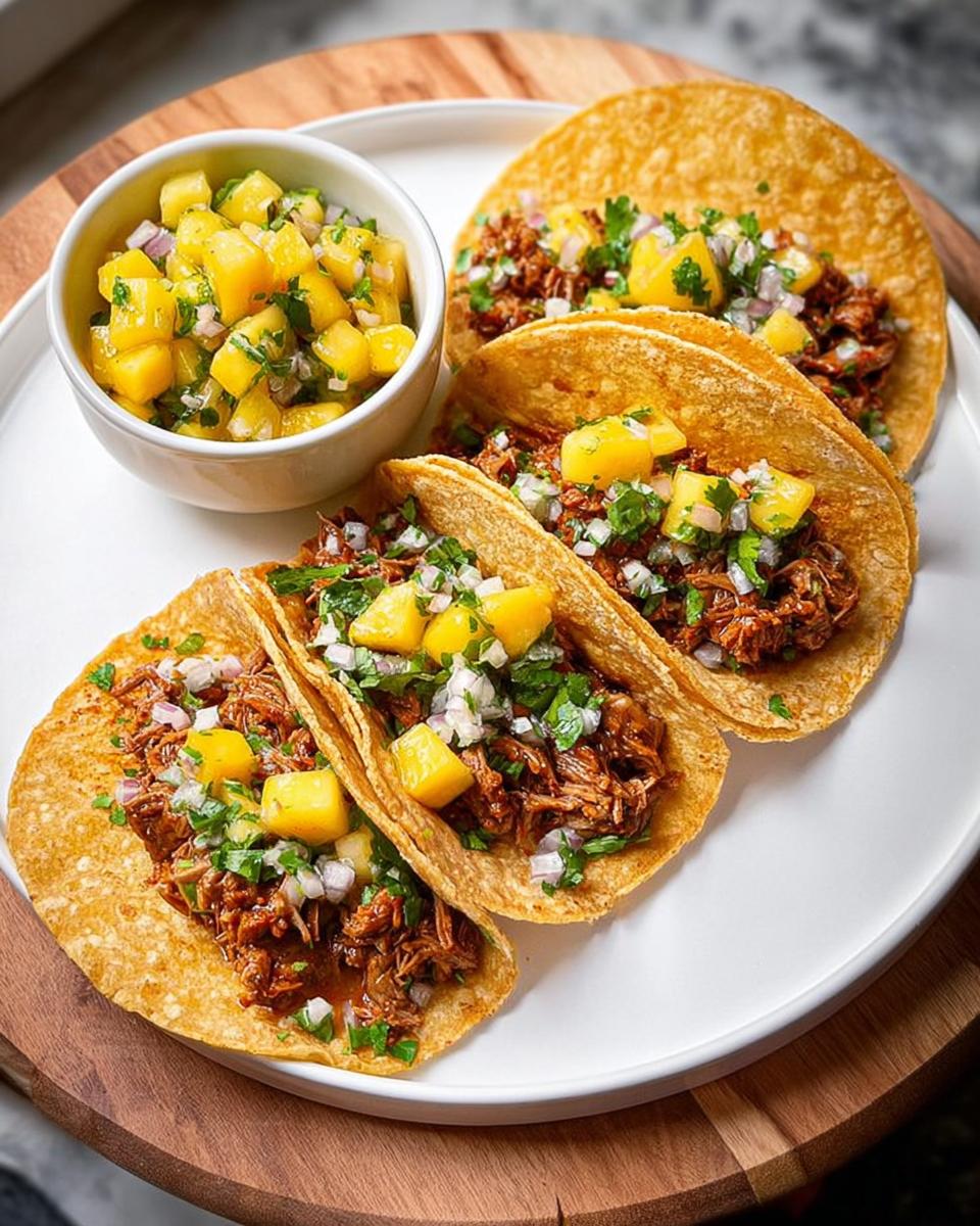 A plate of four mouthwatering tacos filled with shredded meat, topped with pineapple salsa, cilantro, and red onion for 12-Ingredient Taco Tuesday.