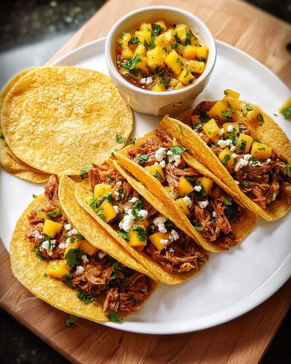 Close-up of four tacos filled with shredded meat, topped with mango salsa and crumbled cheese. Perfect for 12-Ingredient Taco Tuesday Recipes.