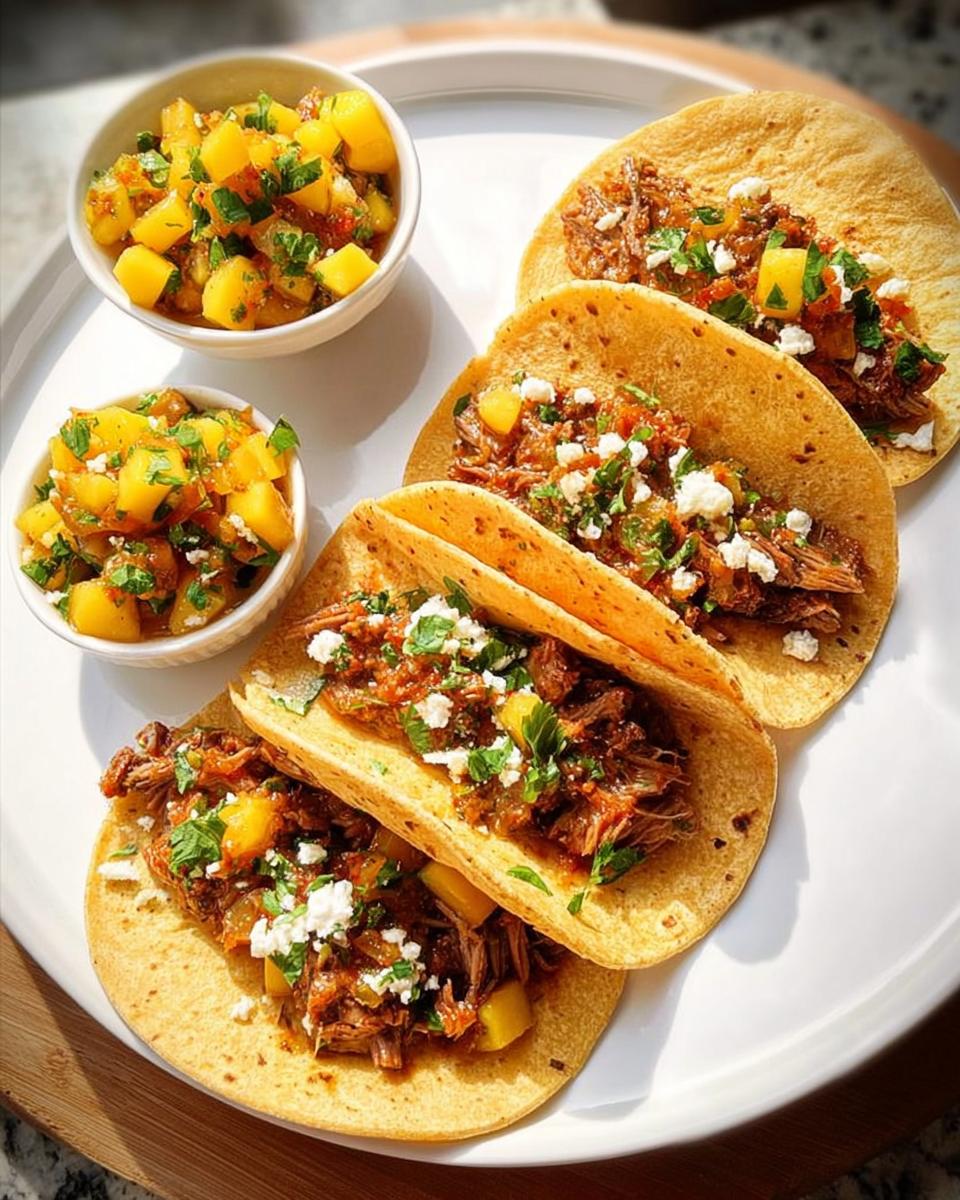 A plate of mouthwatering tacos filled with shredded meat, salsa, and cheese, served with a side of mango salsa for 12-Ingredient Taco Tuesday Recipes.