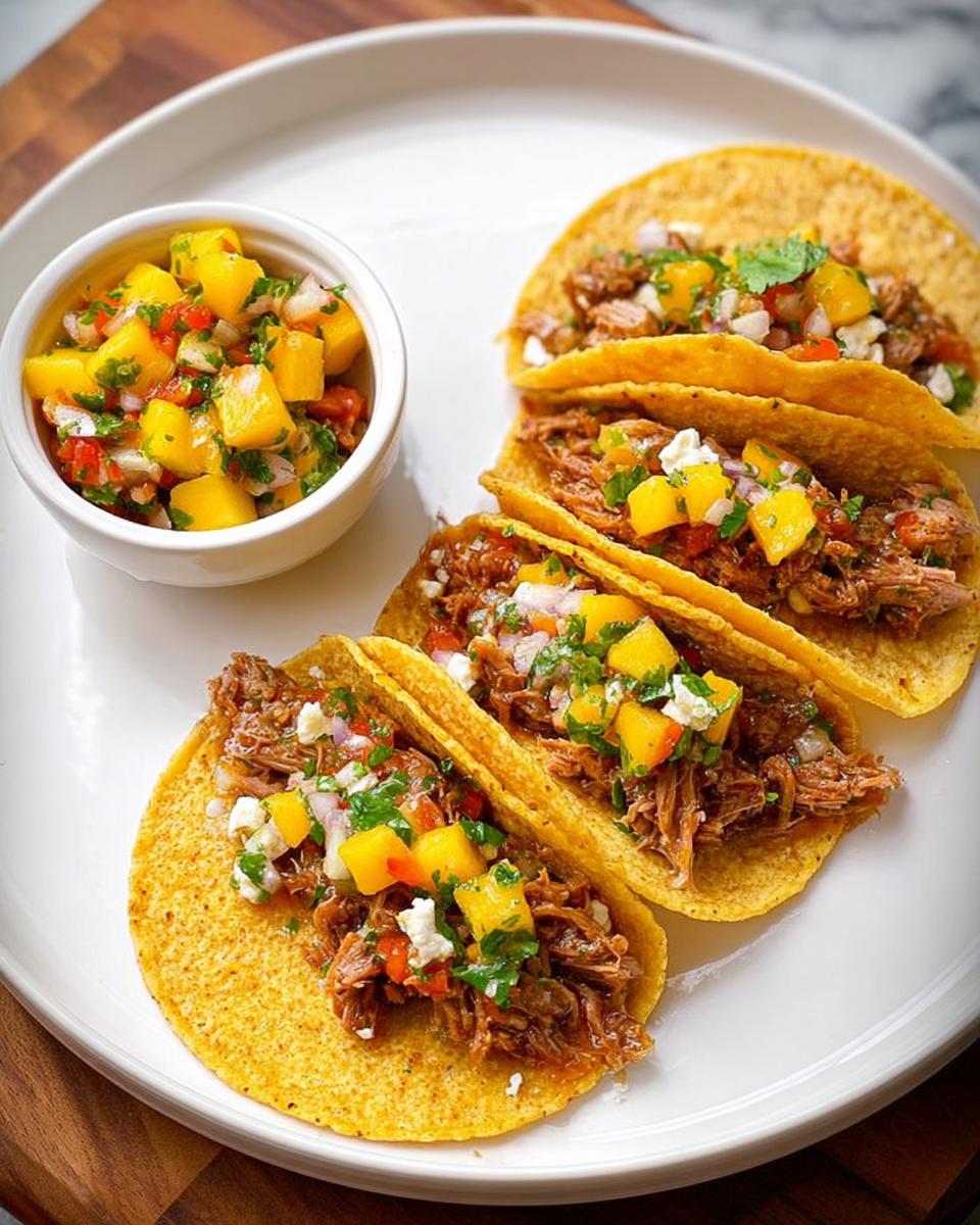 Three corn tacos filled with shredded meat, topped with mango salsa and crumbled cheese, served with a side of salsa.