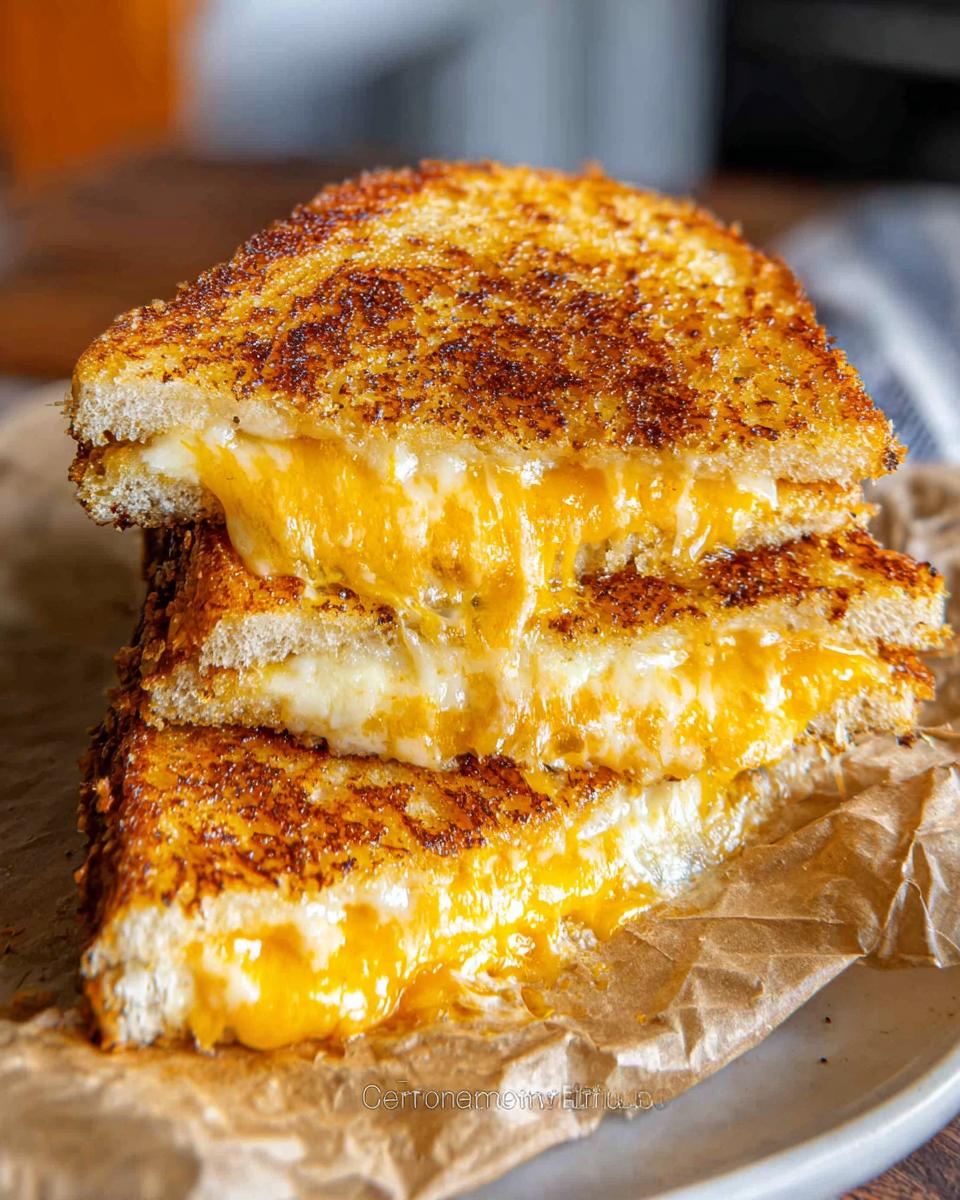 Close-up of a perfectly golden-brown 12-minute grilled cheese sandwich, oozing with melted cheese.
