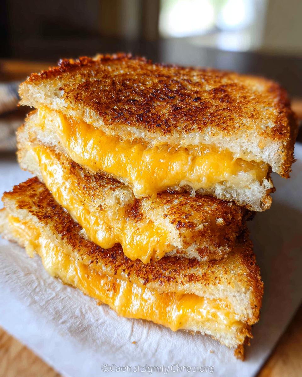 A stack of three perfectly grilled cheese sandwiches, oozing with melted cheddar cheese.