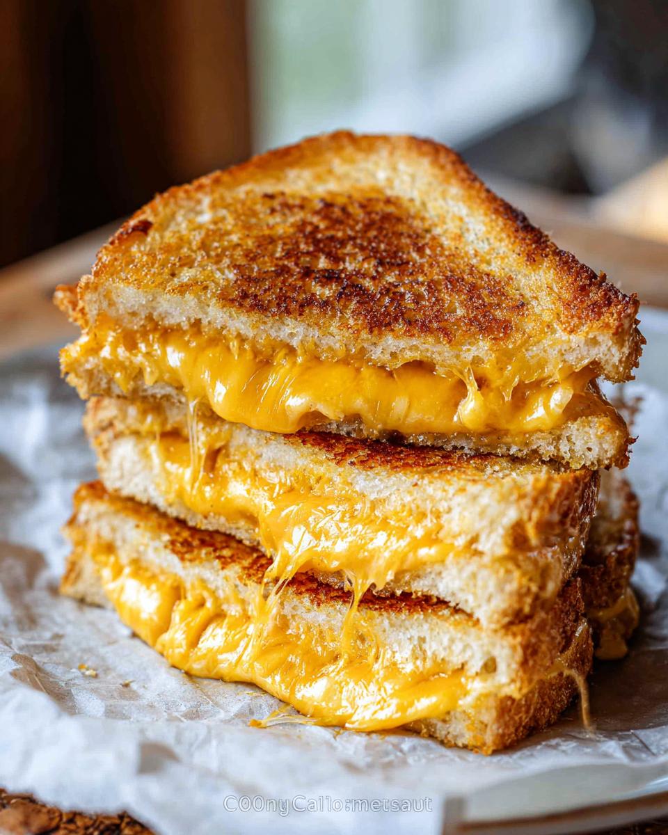 A stack of three gooey, cheesy grilled cheese sandwiches with golden-brown toasted bread.