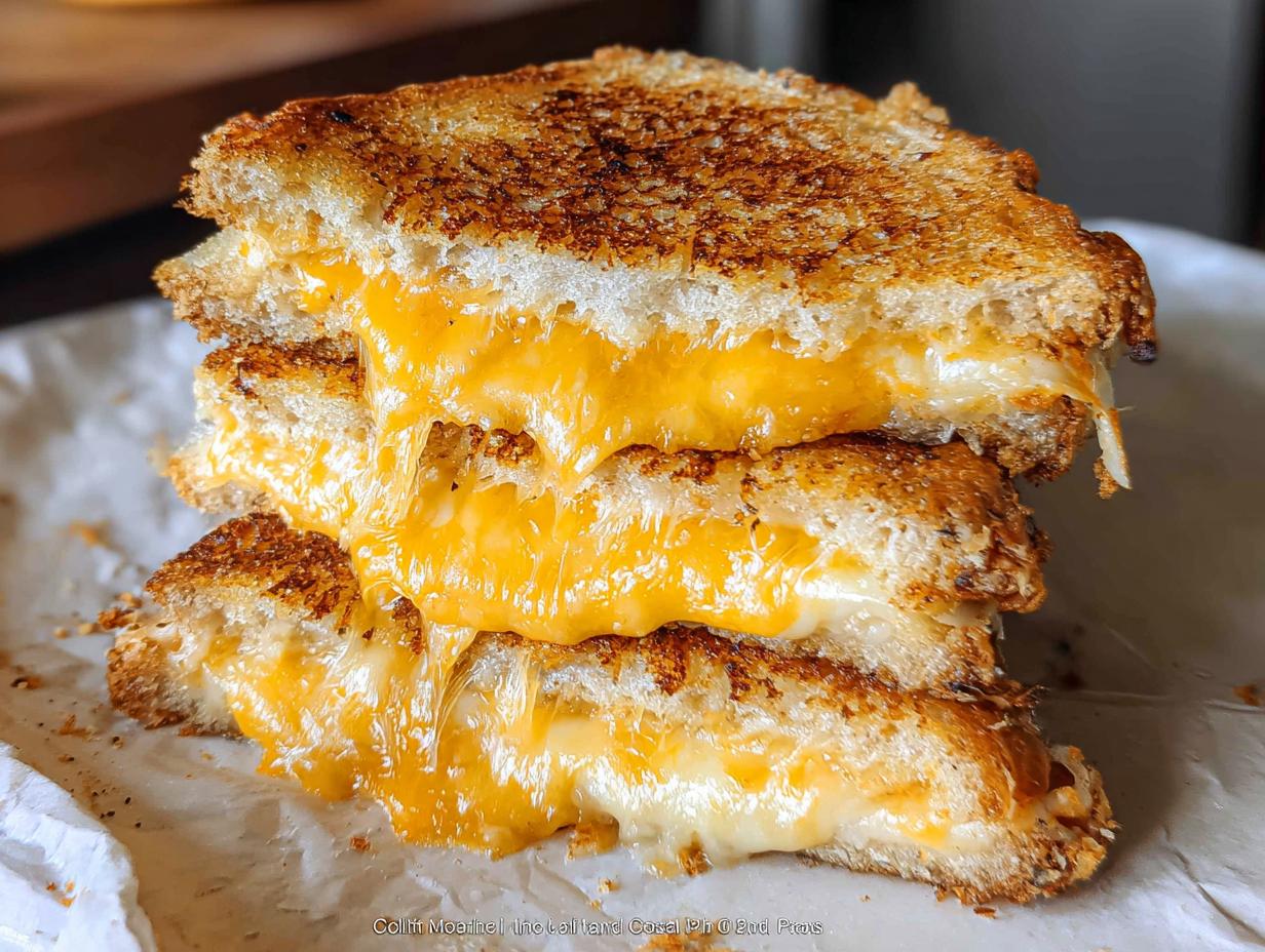 A stack of three gooey, cheesy grilled cheese sandwiches, showcasing the melted cheese oozing out.